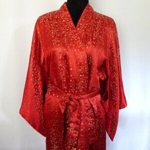 JAPAN JAPANESE WOMENS RED SATIN METALLIC GOLD FLOWER PATTERN KIMONO ROBE (NEW)